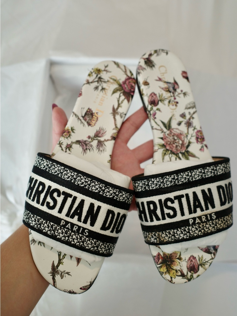 Dior Dway Slides (Black & White Floral Logo Slide Sandals)